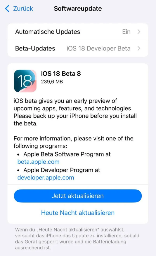 长武苹果手机维修分享苹果 iOS / iPadOS 18 开发者预览版 Beta 8 发布 